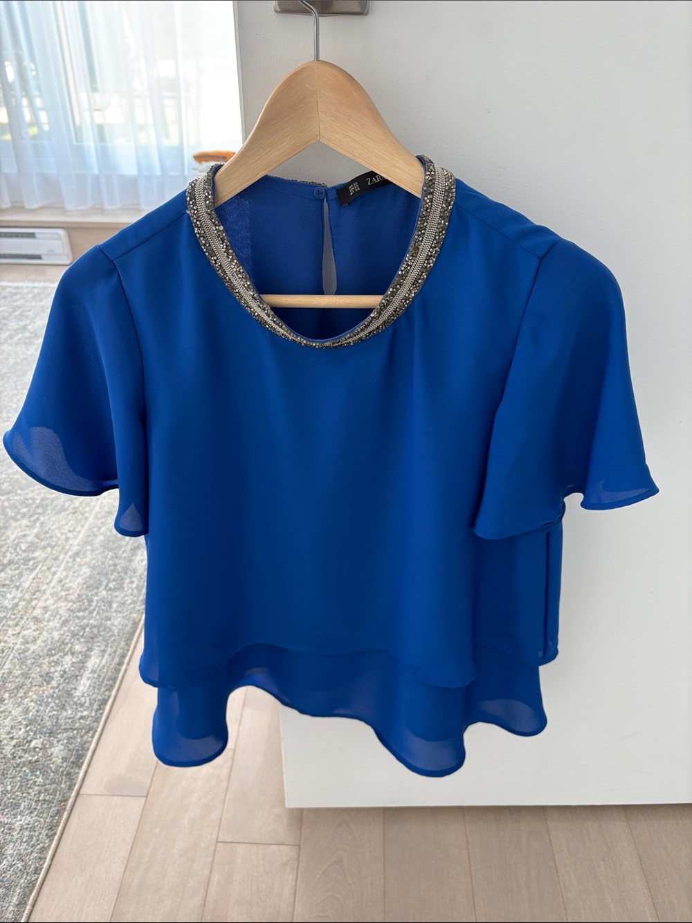 Zara Cobalt Blue Beaded Collar Flutter Sleeve Blouse